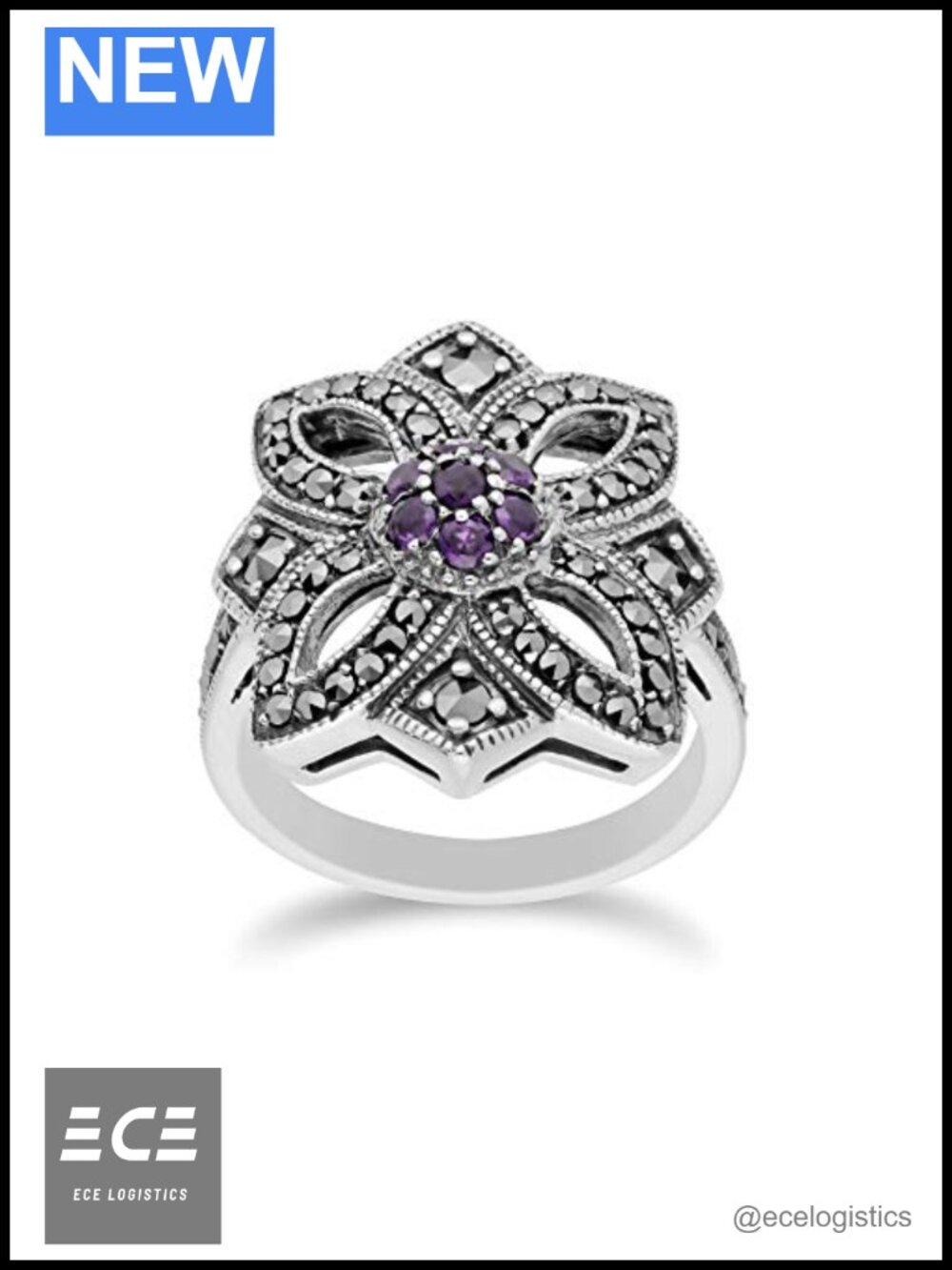 925 Sterling Silver Amethyst & Marcasite Art Nouveau Ring